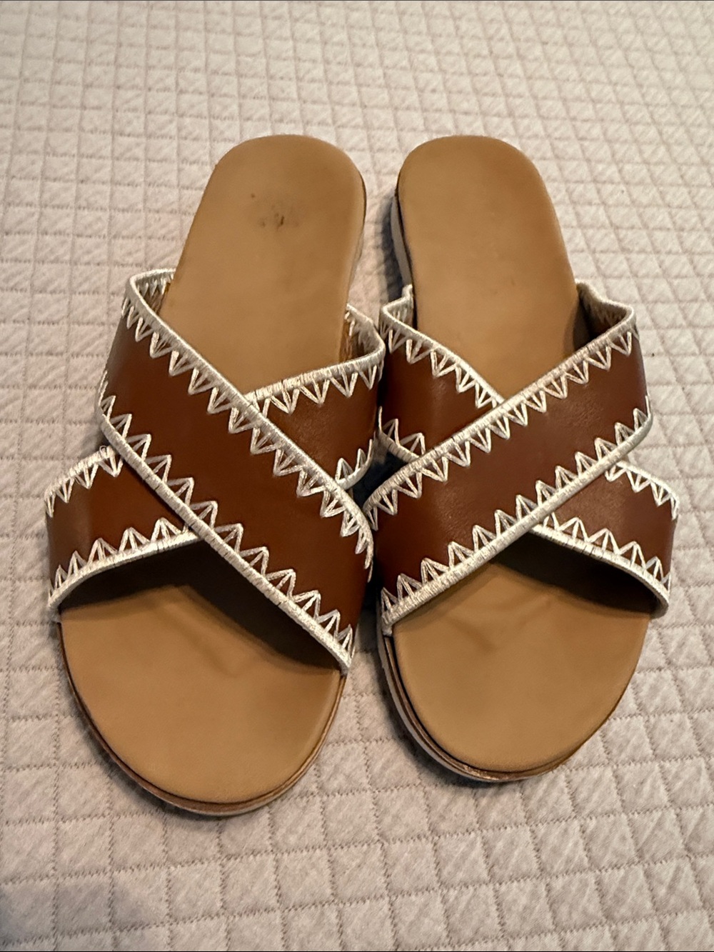 Italian Shoemakers Tan Leather Cross-Strap Sandals with White Zigzag Trim